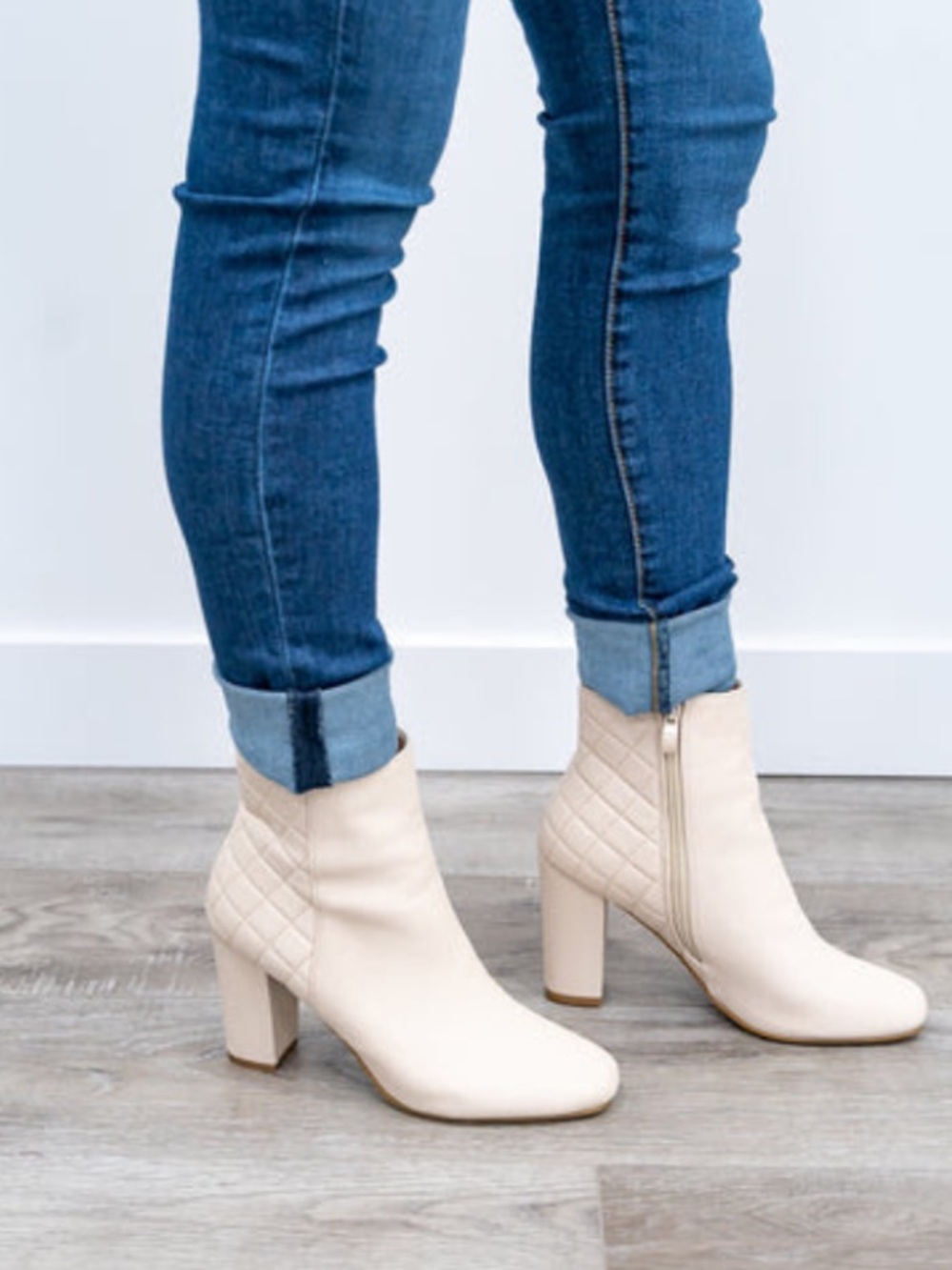 Ivory Quilted Block Heel Ankle Boots